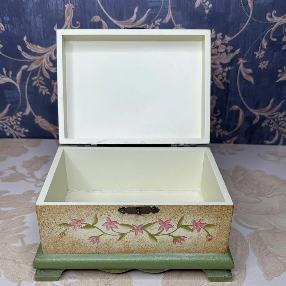 Vintage Painted Wood Jewelry Box Trinket Box Chest with Pale Pink Flowers